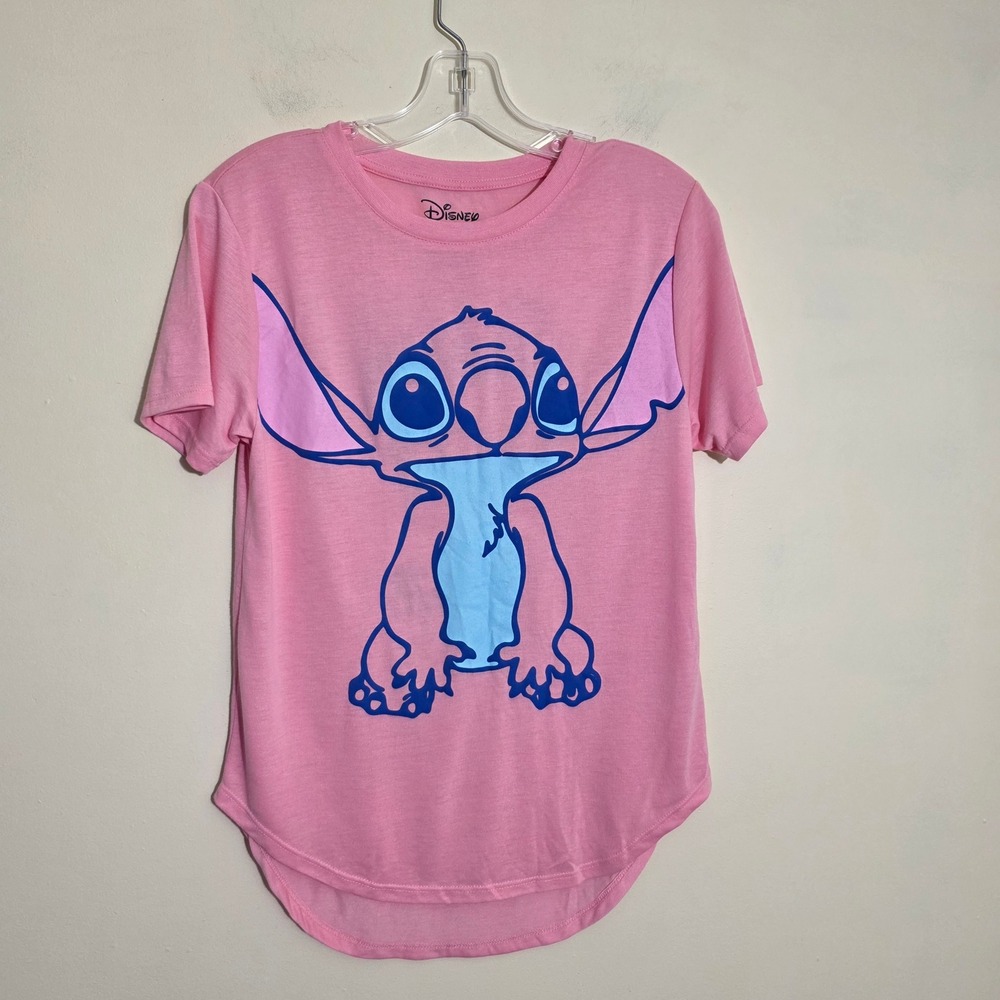 Disney Women T-Shirt Stitch Graphic Weird But Cute Pink High-Low Hem Size M 7-9‎